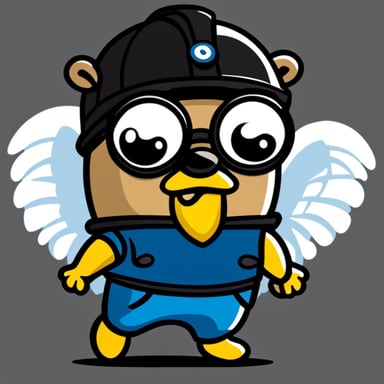 Happy Go Blue Gopher sports a helmet adorned with two small wings, a striking yellow mustache, a black T-shirt, red pants, and brown leather shoes.