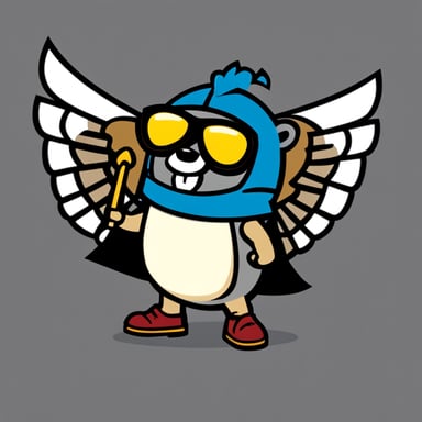 Go Blue Gopher sports a gray metal helmet adorned with two small wings. This character has a distinct yellow mustache nestled between his nose and tooth, complementing his unique look. His attire includes a black t-shirt paired with red pants, and he completes his ensemble with brown leather shoes.