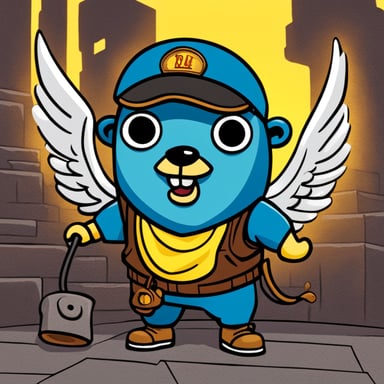 Go Blue Gopher sports a gray metal helmet adorned with two small wings. This character has a distinct yellow mustache nestled between his nose and tooth, complementing his unique look. His attire includes a black t-shirt paired with red pants, and he completes his ensemble with brown leather shoes.