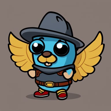 Go Blue Gopher sports a gray metal helmet adorned with two small wings. This character has a distinct yellow mustache nestled between his nose and tooth, complementing his unique look. His attire includes a black t-shirt paired with red pants, and he completes his ensemble with brown leather shoes.