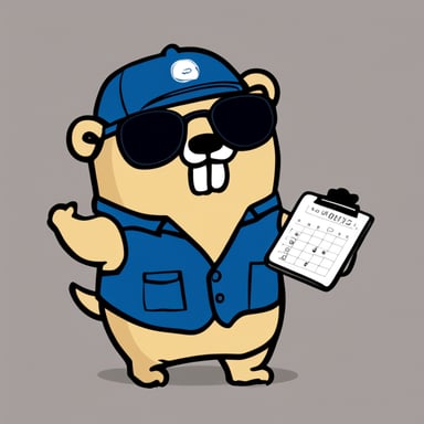 Sketch of Go Blue Gopher as a worker with a scheduler in hand and a serious expression with glasses. There's no smile, no fur, against a white background. The style is simple, with very low details and flat.