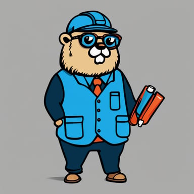 Sketch Go Blue Gopher as a worker with a scheduler in hand and a serious expression, wearing glasses, on a white background. The style should be simple and flat, with very low details and no fur.