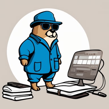 Sketch Go Blue Gopher as a worker with a scheduler in hand and a serious expression, wearing glasses, on a white background. The style should be simple and flat, with very low details and no fur.