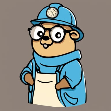 Sketch Go Blue Gopher as a worker with a scheduler in hand and a serious expression, wearing glasses, on a white background. The style should be simple and flat, with very low details and no fur.