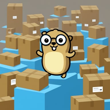 Go Blue Gopher holding a box atop a pile of boxes.
