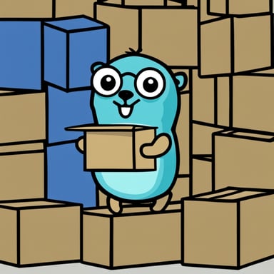 Go Blue Gopher holding a box atop a pile of boxes.