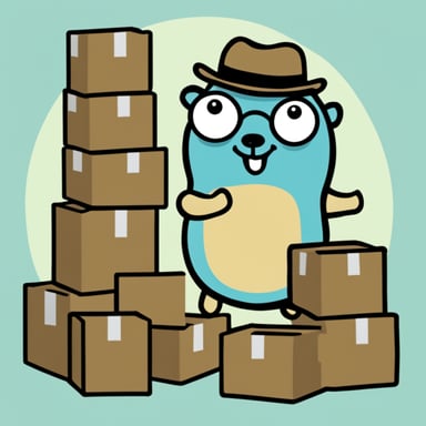 Go Blue Gopher holding a box atop a pile of boxes.