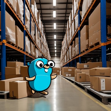 Go Blue Gopher is meticulously organizing boxes in an Amazon warehouse, ensuring every item is perfectly placed for efficient retrieval and delivery.