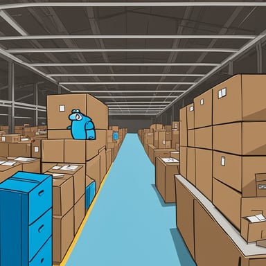 Go Blue Gopher is meticulously organizing boxes in an Amazon warehouse, ensuring every item is perfectly placed for efficient retrieval and delivery.
