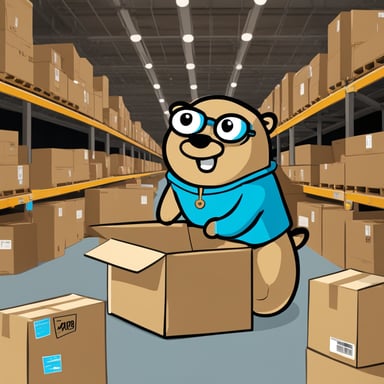 Go Blue Gopher is meticulously organizing boxes in an Amazon warehouse, ensuring every item is perfectly placed for efficient retrieval and delivery.
