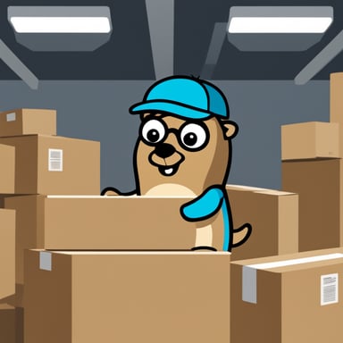 Go Blue Gopher in a warehouse full of boxes, distributing packages to Go Gophers couriers for delivery.