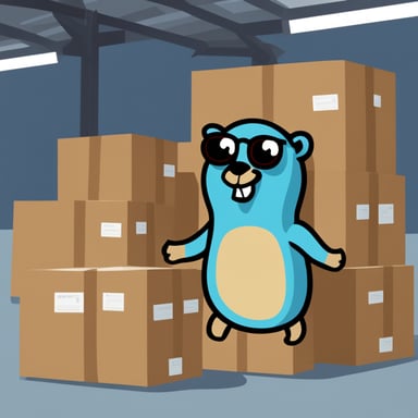 Go Blue Gopher in a warehouse full of boxes, distributing packages to Go Gophers couriers for delivery.