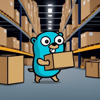Go Blue Gopher in a warehouse full of boxes, distributing packages to Go Gophers couriers for delivery.