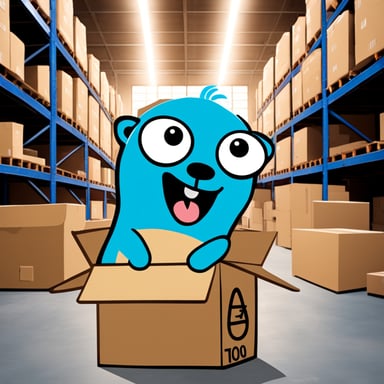 Go Blue Gopher in a warehouse full of boxes, distributing packages to Go Gophers couriers for delivery.