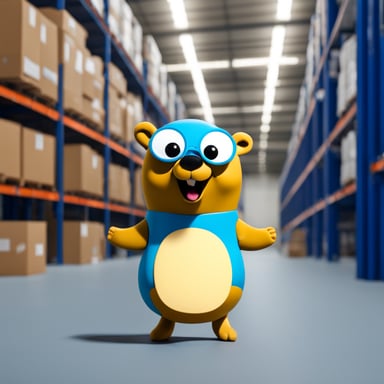 Go Blue Gopher is in front of a warehouse dispatching packages to the couriers for delivery.