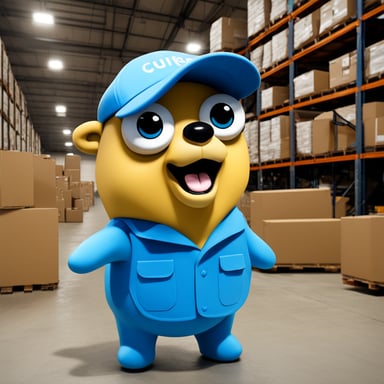 Go Blue Gopher is in front of a warehouse dispatching packages to the couriers for delivery.