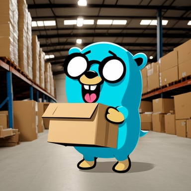 Go Blue Gopher is in front of a warehouse dispatching packages to the couriers for delivery.