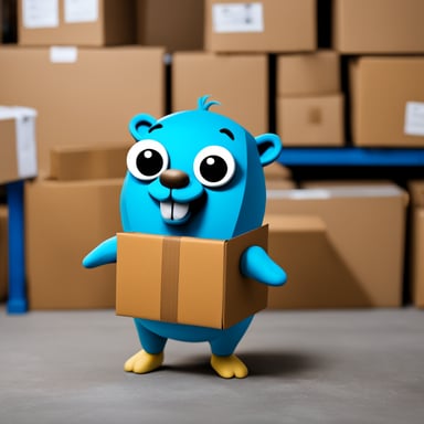 Go Blue Gopher is in front of a warehouse dispatching packages to the couriers for delivery.