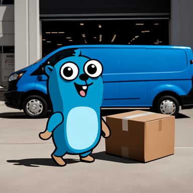 Go Blue Gopher outside of a warehouse, waving to three courier vans driven by Go Blue Gopher in a blue cap.