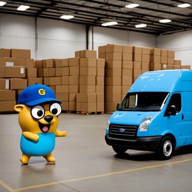 Go Blue Gopher outside of a warehouse, waving to three courier vans driven by Go Blue Gopher in a blue cap.