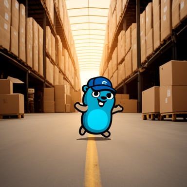 Go Blue Gopher outside of a warehouse, waving to three courier vans driven by Go Blue Gopher in a blue cap.