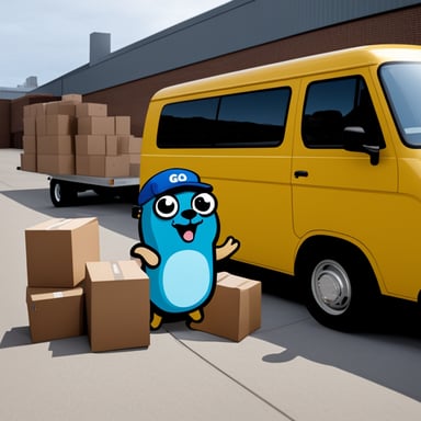 Go Blue Gopher outside of a warehouse, waving to three courier vans driven by Go Blue Gopher in a blue cap.