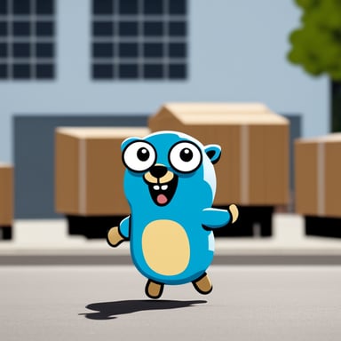 Go Blue Gopher outside of a warehouse, waving to three couriers as a white van drives in the street.