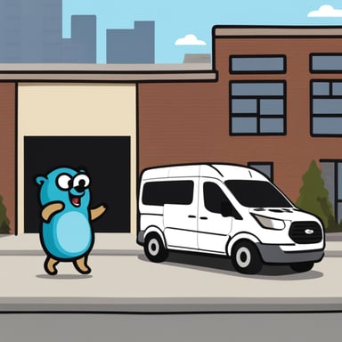 Go Blue Gopher outside of a warehouse, waving to three couriers as a white van drives in the street.