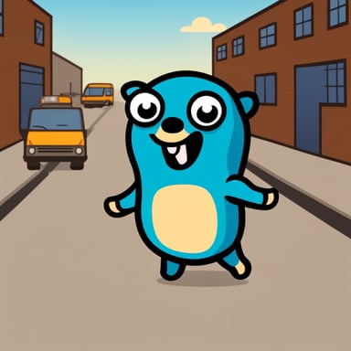 Go Blue Gopher outside of a warehouse, waving to three couriers as a white van drives in the street.