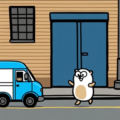 Go Blue Gopher outside of a warehouse, waving to three couriers as a white van drives in the street.