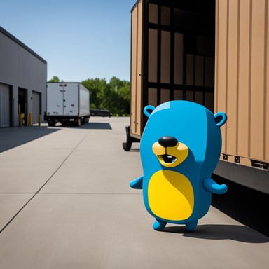 Go Blue Gopher is seen outside of a warehouse dispatching trucks for delivery on the street.