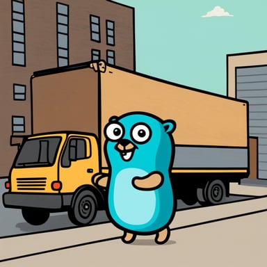 Go Blue Gopher is seen outside of a warehouse dispatching trucks for delivery on the street.