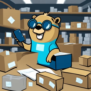 Go Blue Gopher no glasses is busy dispatching packages efficiently.