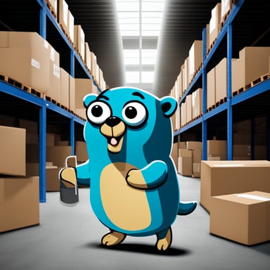 Go Blue Gopher in a warehouse full of boxes, distributing packages to couriers for delivery.