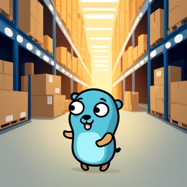 Go Blue Gopher in a warehouse full of boxes, distributing packages to couriers for delivery.
