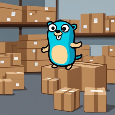 Go Blue Gopher in a warehouse full of boxes, distributing packages to couriers for delivery.