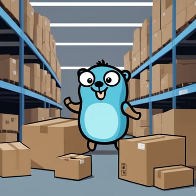 Go Blue Gopher in a warehouse full of boxes, distributing packages to couriers for delivery.