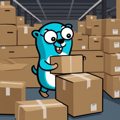 Go Blue Gopher in a warehouse full of boxes, distributing packages to couriers for delivery.