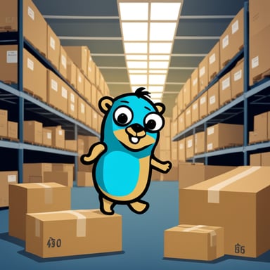 Go Blue Gopher in a warehouse full of boxes, distributing packages to couriers for delivery.