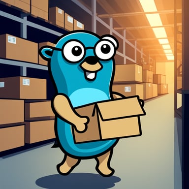 Go Blue Gopher in a warehouse full of boxes, distributing packages to couriers for delivery.