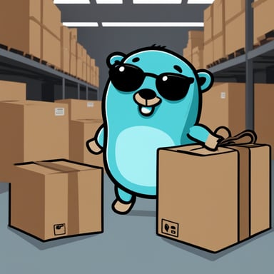 Go Blue Gopher in a warehouse full of boxes, distributing packages to couriers for delivery.