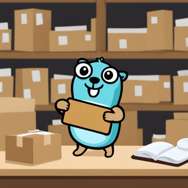 Go Blue Gopher is reading with a clipboard, pointing to a package, and another Go Blue Gopher is grabbing the package.