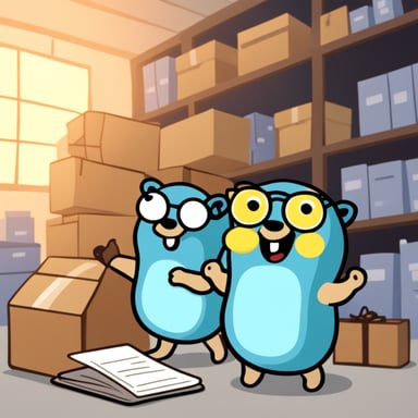 Go Blue Gopher is reading with a clipboard, pointing to a package, and another Go Blue Gopher is grabbing the package.