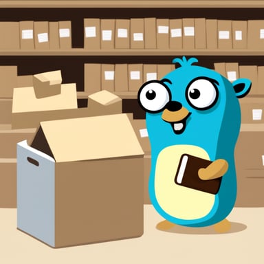 Go Blue Gopher is reading with a clipboard, pointing to a package, and another Go Blue Gopher is grabbing the package.