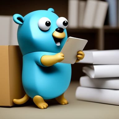 Go Blue Gopher is reading with a clipboard, pointing to a package, and another Go Blue Gopher is grabbing the package.