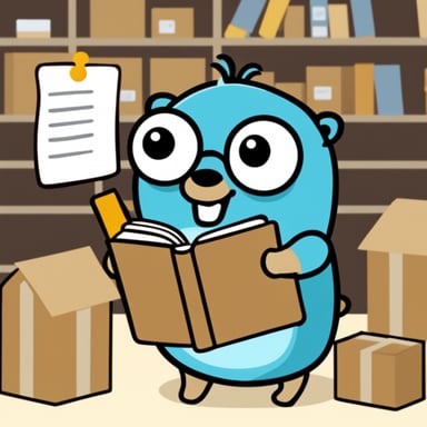 Go Blue Gopher is reading with a clipboard, pointing to a package, and another Go Blue Gopher is grabbing the package.