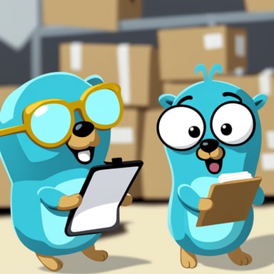 Go Blue Gopher is reading with a clipboard, pointing to a package, and another Go Blue Gopher is grabbing the package.