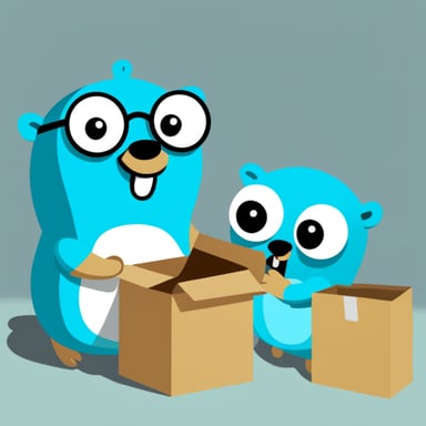 Go Blue Gopher is reading with a clipboard, pointing to a package, and another Go Blue Gopher is grabbing the package.