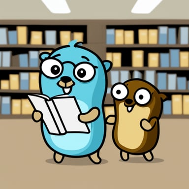 Go Blue Gopher is reading with a clipboard, pointing to a package, and another Go Blue Gopher is grabbing the package.