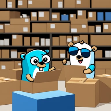 Go Blue Gopher is organizing a delivery, with one reading from a clipboard and pointing out a package, while another is picking up the package for dispatch.
